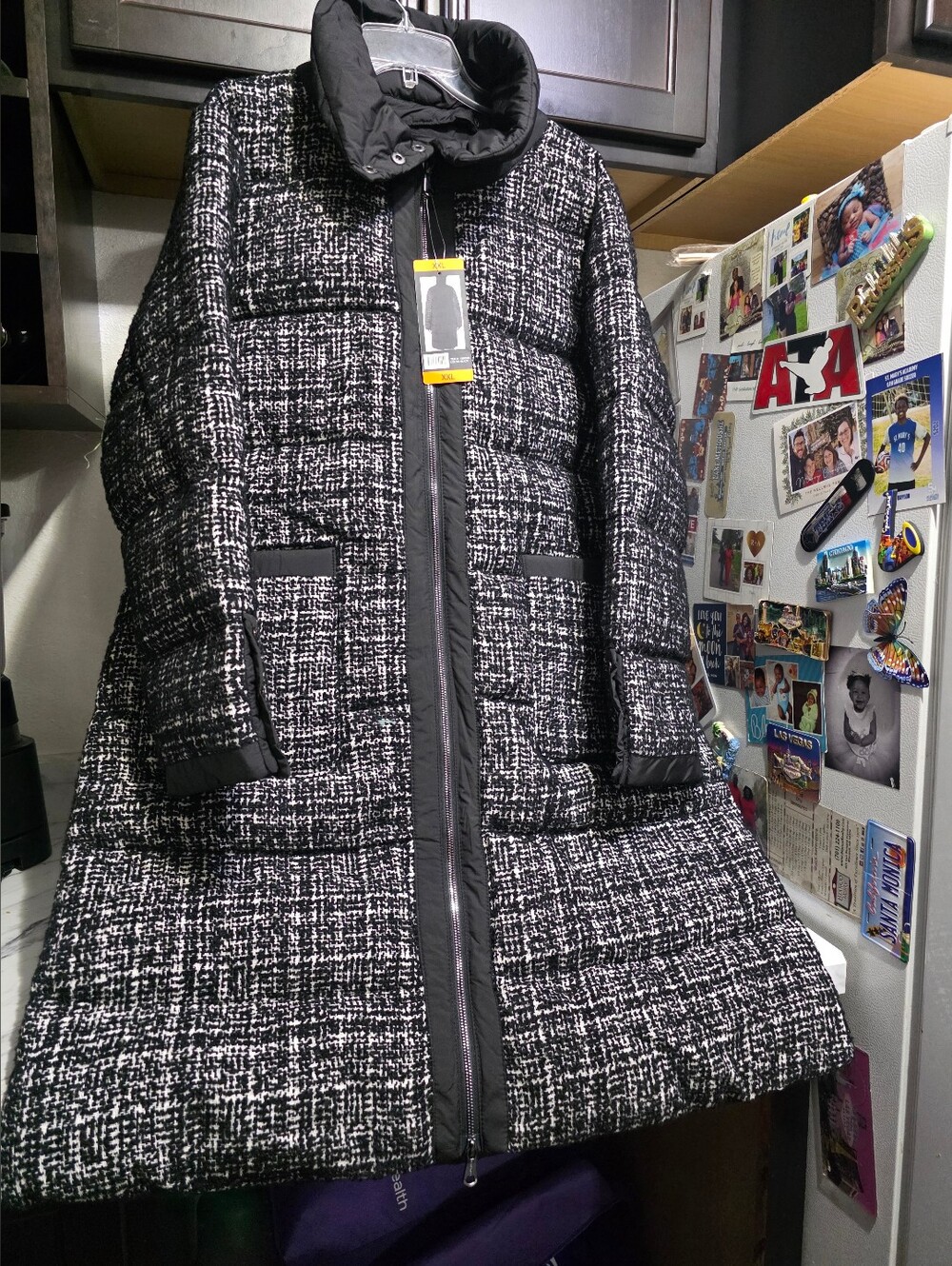 Bernardo Womens Black & White Tweed Puffer Coat XXL